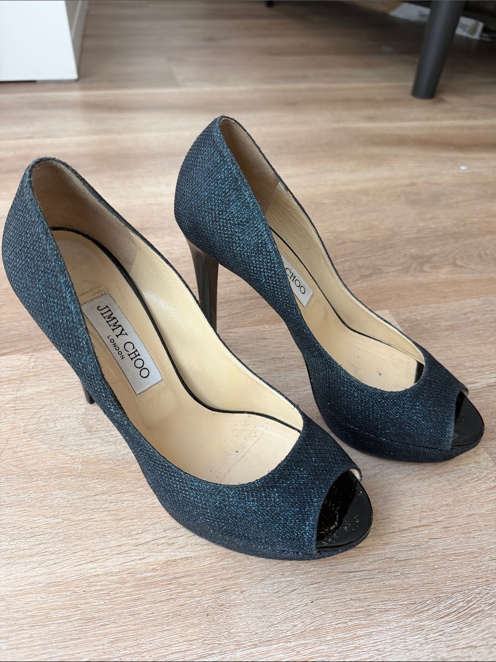 Jimmy Choo Open-Toe High Heels in Dark Blue Glitter